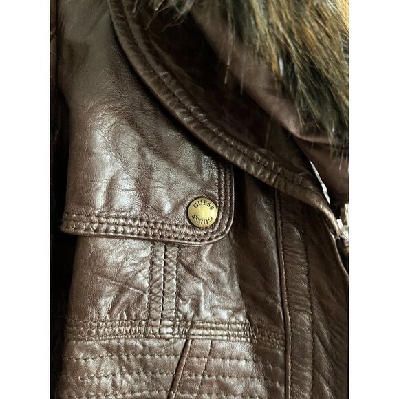 GUESS Genuine Leather Fur-Trim Neckline Brown leather jacket size S - Picture 10 of 11